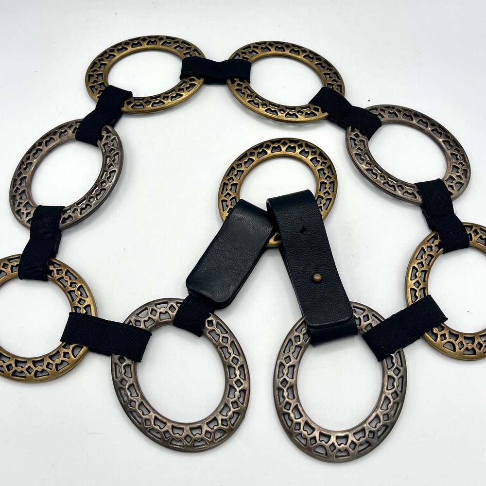 Black Leather Bronze Silver Metal Ring Link Belt Sz M Boho Eclectic Stretch
